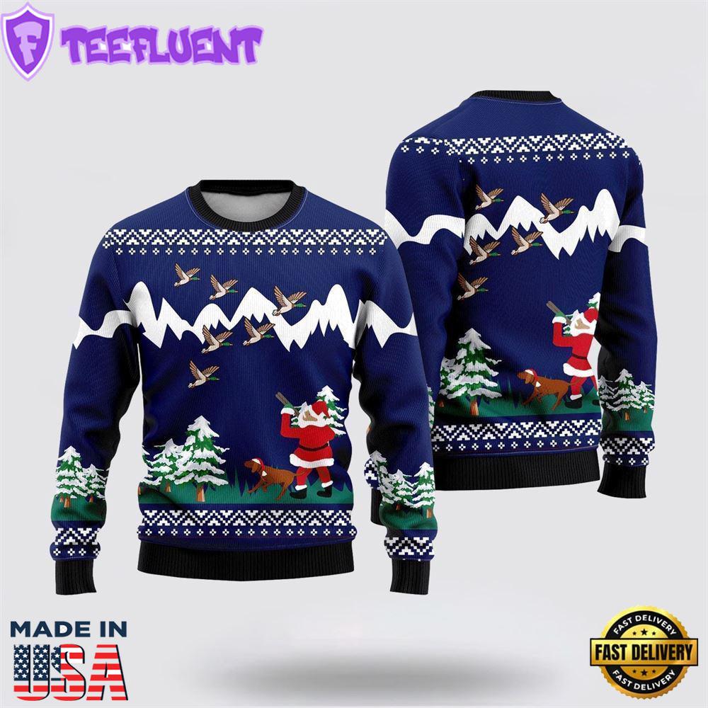 Funny Santa & Dog Duck Hunting Ugly Christmas Sweater For Men And Women