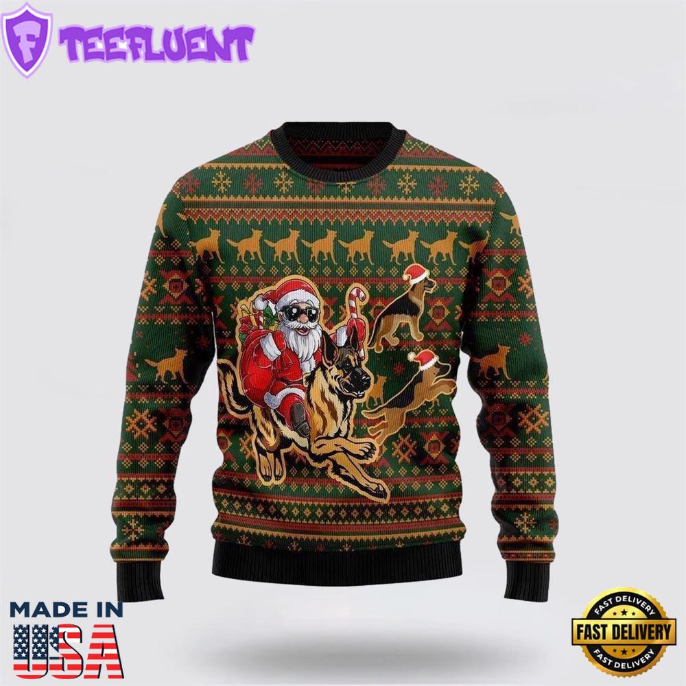 Funny Santa & German Shepherd Ugly Christmas Sweater For Men And Women