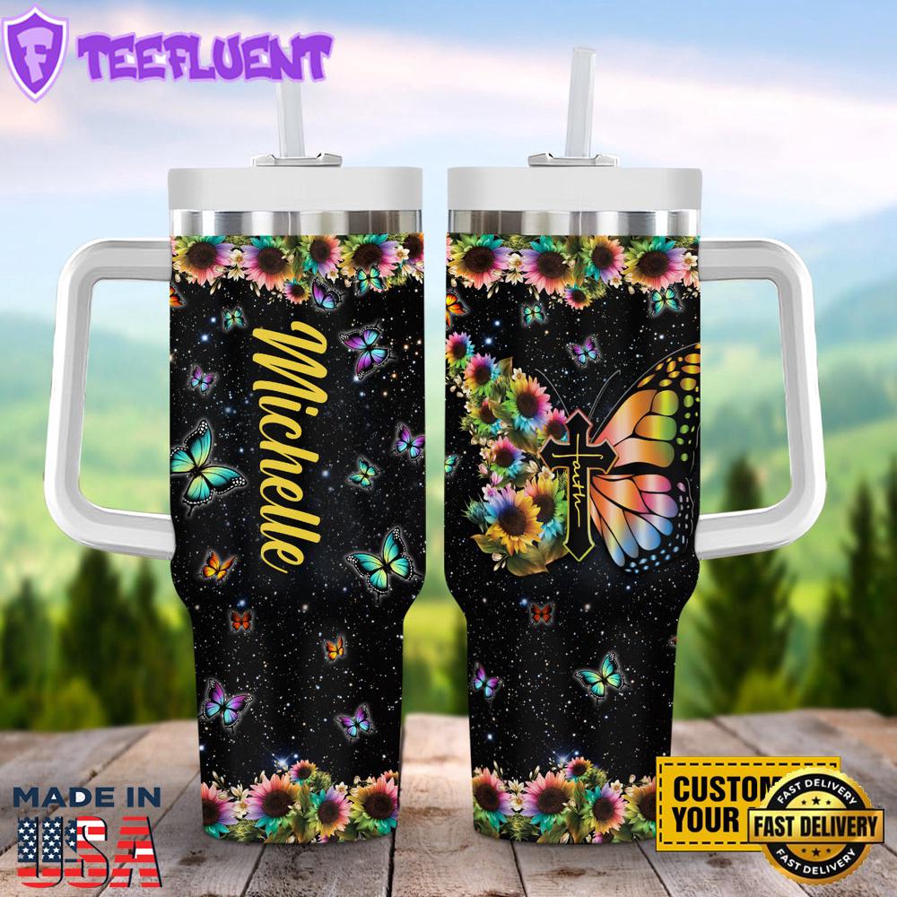 Galaxy Faith Cross Butterfly With Sunflowers Stanley Tumbler 40oz