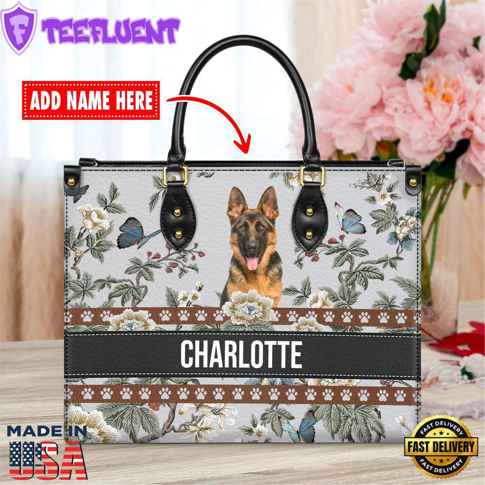 German Shepherd Dog Bior Leather Handbag With Flowers And Butterfly