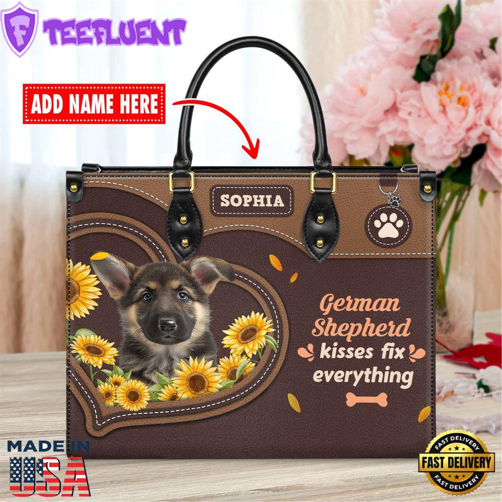 German Shepherd Dog Kisses Fix Everything Leather Handbag