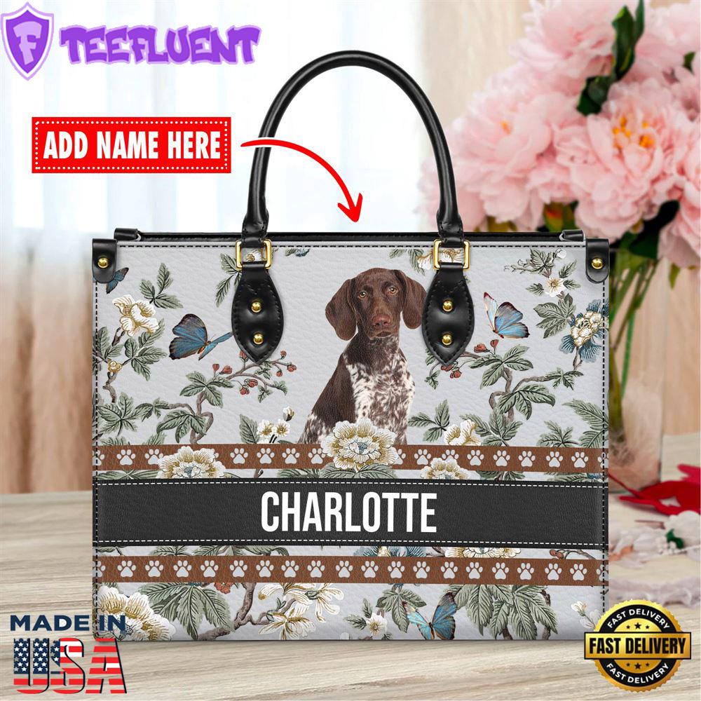German Shorthaired Pointer Dog Bior Leather Handbag With Flowers And Butterfly