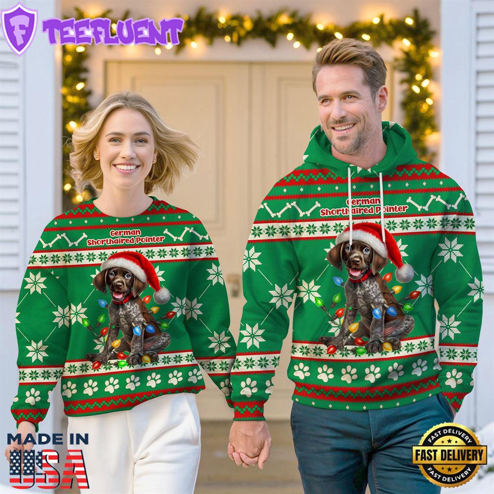 German Shorthaired Pointer Dog Cheer with Santa Hat Christmas Sweatshirt And Hoodie Green