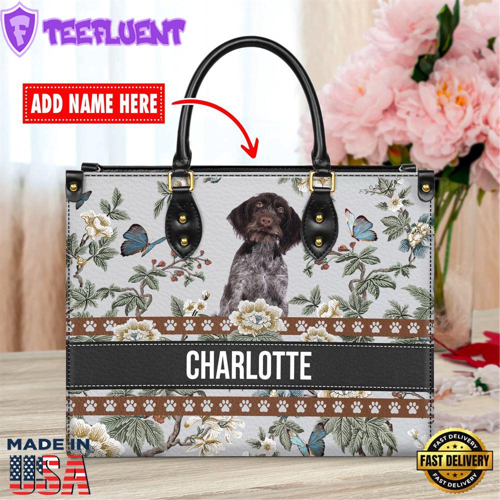 German Wirehaired Pointer Dog Bior Leather Handbag With Flowers And Butterfly