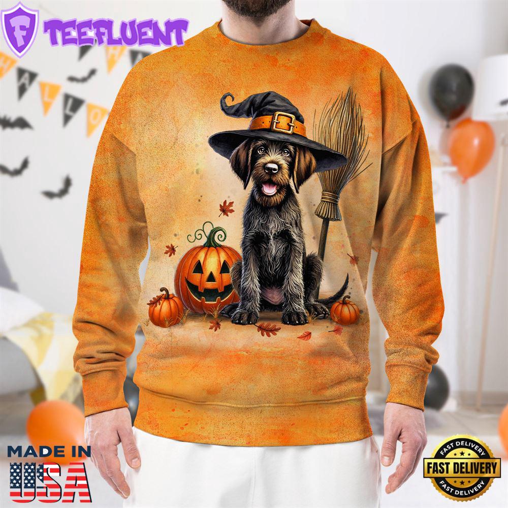 German Wirehaired Pointer Dog In Spooky Autumn Halloween 3D Shirt