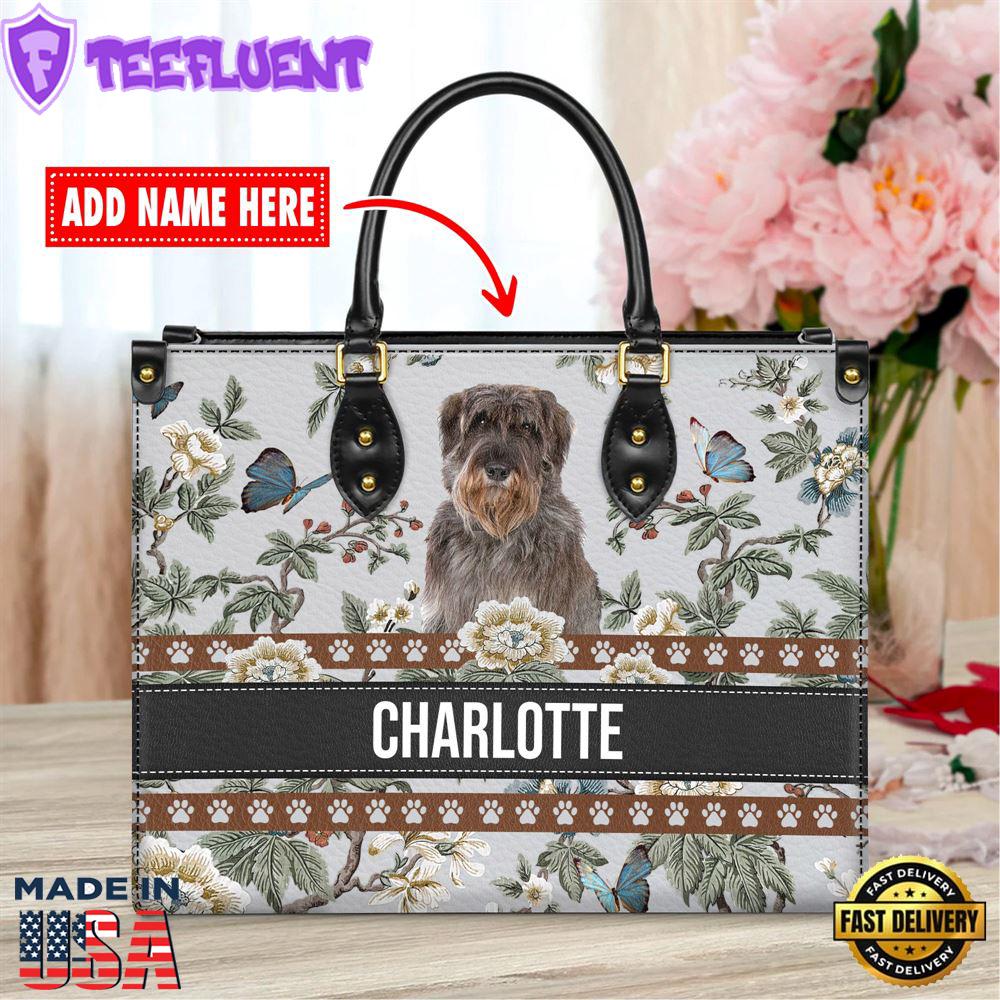 Giant Schnauzer Dog Bior Leather Handbag With Flowers And Butterfly