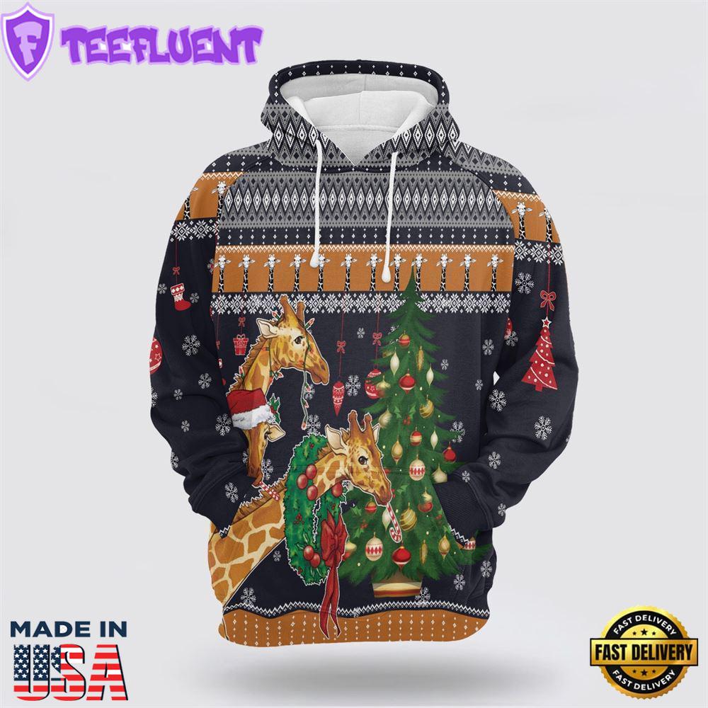 Giraffe Love Christmas All Over Print 3D Hoodie