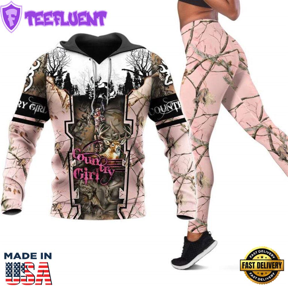 Girl All Over Print Leggings Hoodie Set Outfit For Women