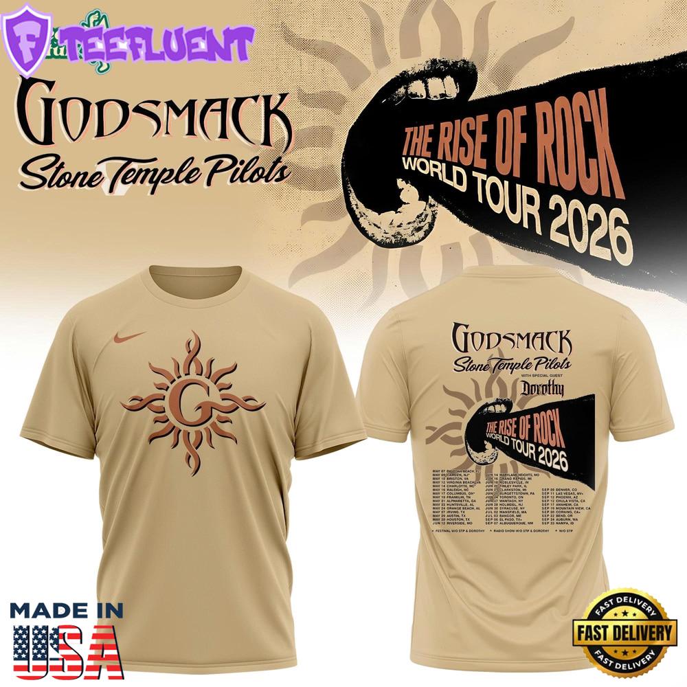 Godsmack The Rise of Rock 2026 World Tour Sun Emblem Concert Tee