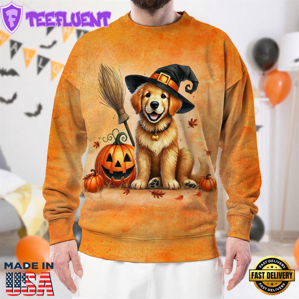 Golden Retriever Dog In Spooky Autumn Halloween 3D Shirt