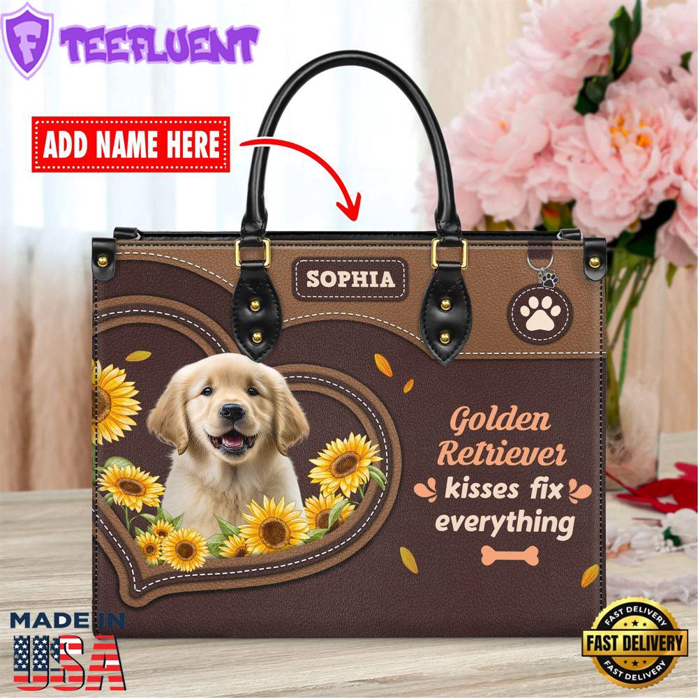 Golden Retriever Dog Kisses Fix Everything Leather Handbag