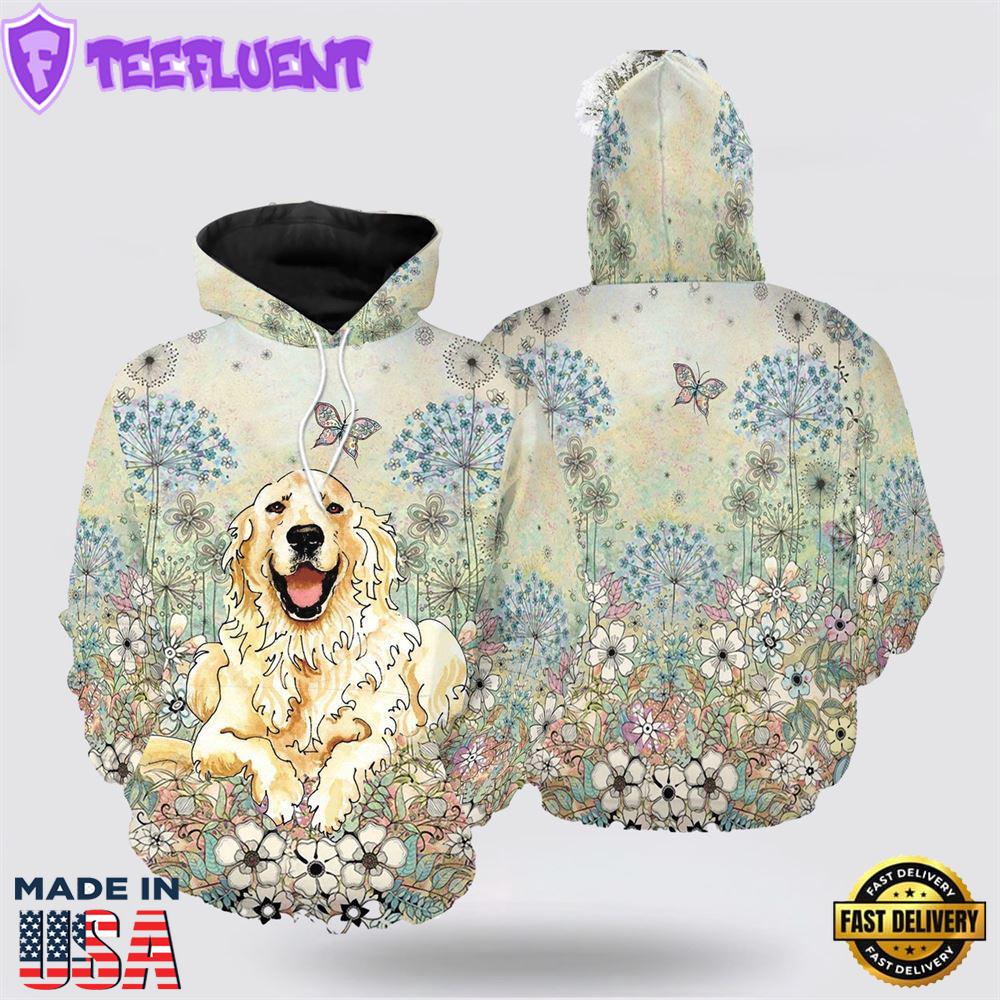 Golden Retriever Flower All Over Print 3D Hoodie