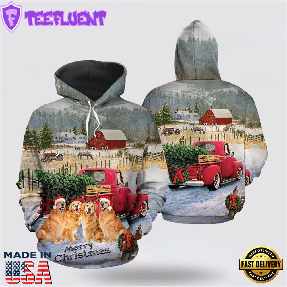 Golden Retriever Merry Christmas All Over Print 3D Hoodie