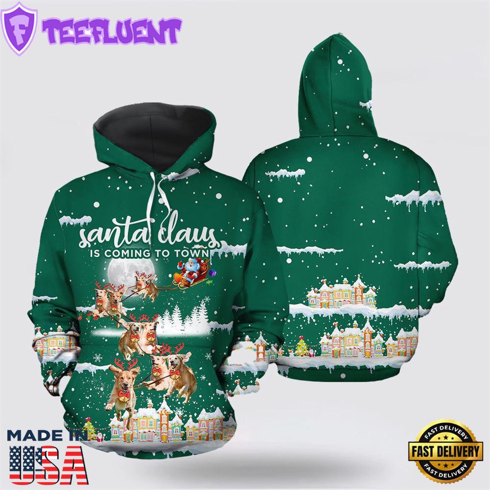 Golden Retriever Santa Is Coming To Town All Over Print 3D Hoodie