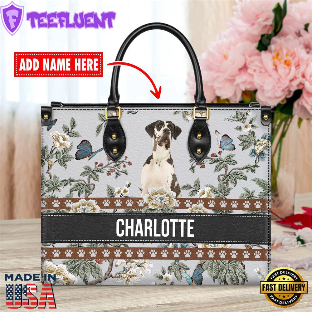 Great Dane Dog Bior Leather Handbag With Flowers And Butterfly