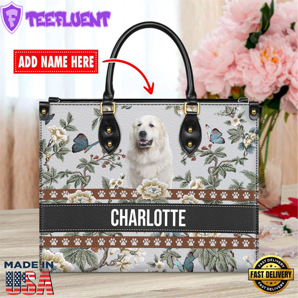 Great Pyrenees Dog Bior Leather Handbag With Flowers And Butterfly