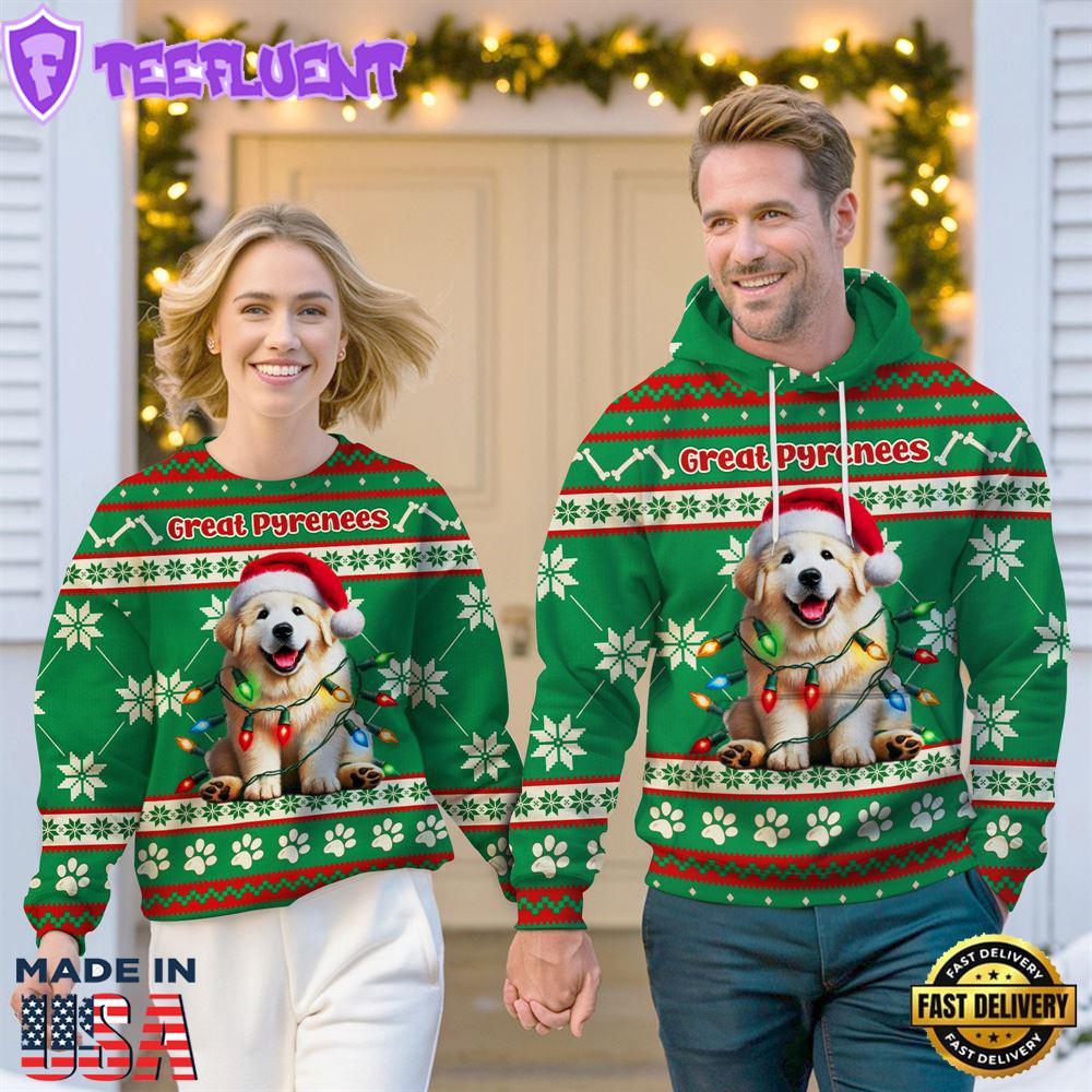 Great Pyrenees Dog Cheer with Santa Hat Christmas Sweatshirt And Hoodie Green