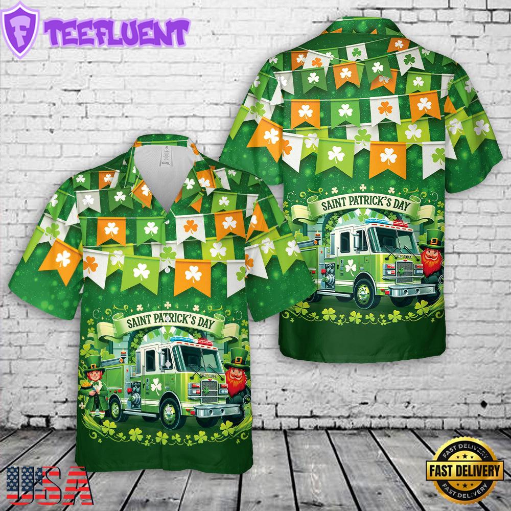 Green Fire Truck Saint Patrick's Day Leprechaun Hawaiian Shirt