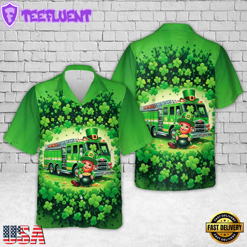 Green Fire Truck With Leprechaun Patrick's Day Hawaiian Shirt