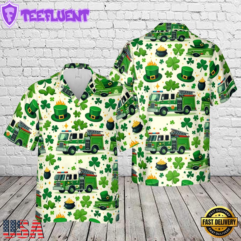 Green Fire Trucks Patrick's Day Aloha Hawaiian Shirt