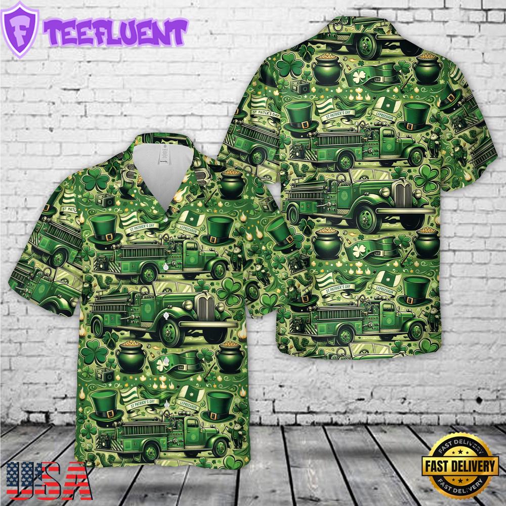 Green Old Fire Trucks St Patrick's Day Hawaiian Shirt