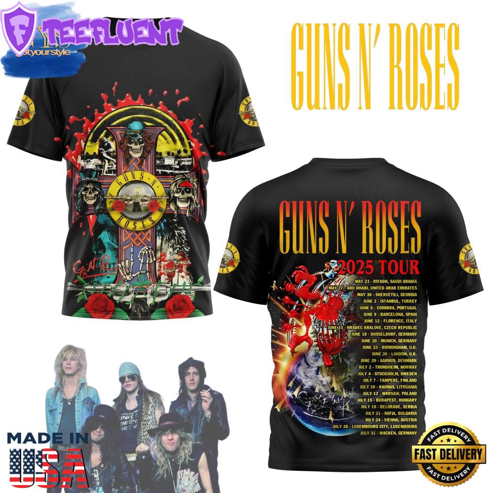 Guns N' Roses 2025 Tour Schedule List Limited Edition Black Shirt
