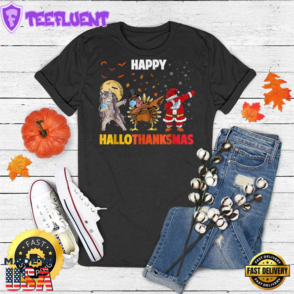 Happy Hallothanksmas Dabbing Unicorn Turkey Santa Claus 2022 T-Shirt
