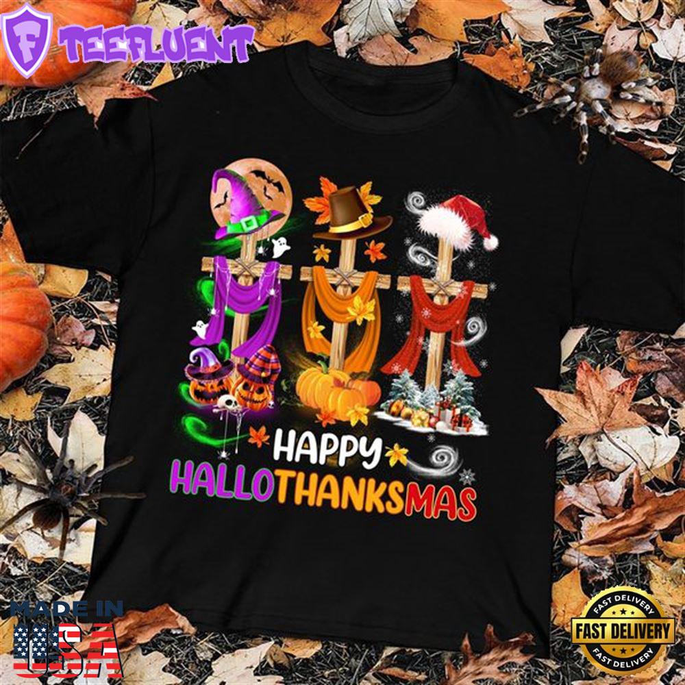 Happy Hallothanksmas Wooden Cross Scarfs