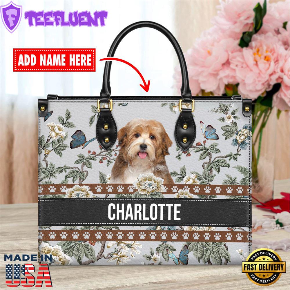 Havanese Dog Bior Leather Handbag With Flowers And Butterfly