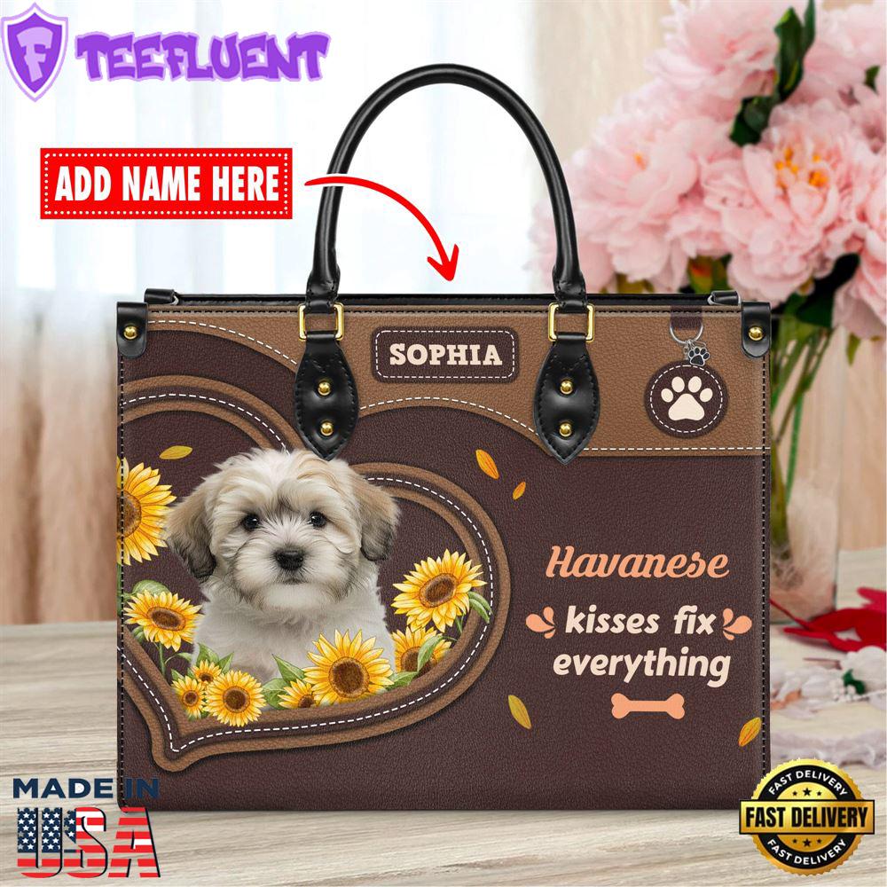 Havanese Dog Kisses Fix Everything Leather Handbag