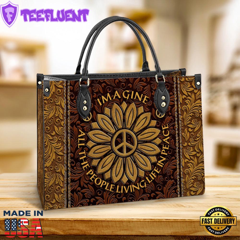 Hippie Sunflower Imagine All The People Living Life In Peace Leather Bag Christ Gifts Leather Bags