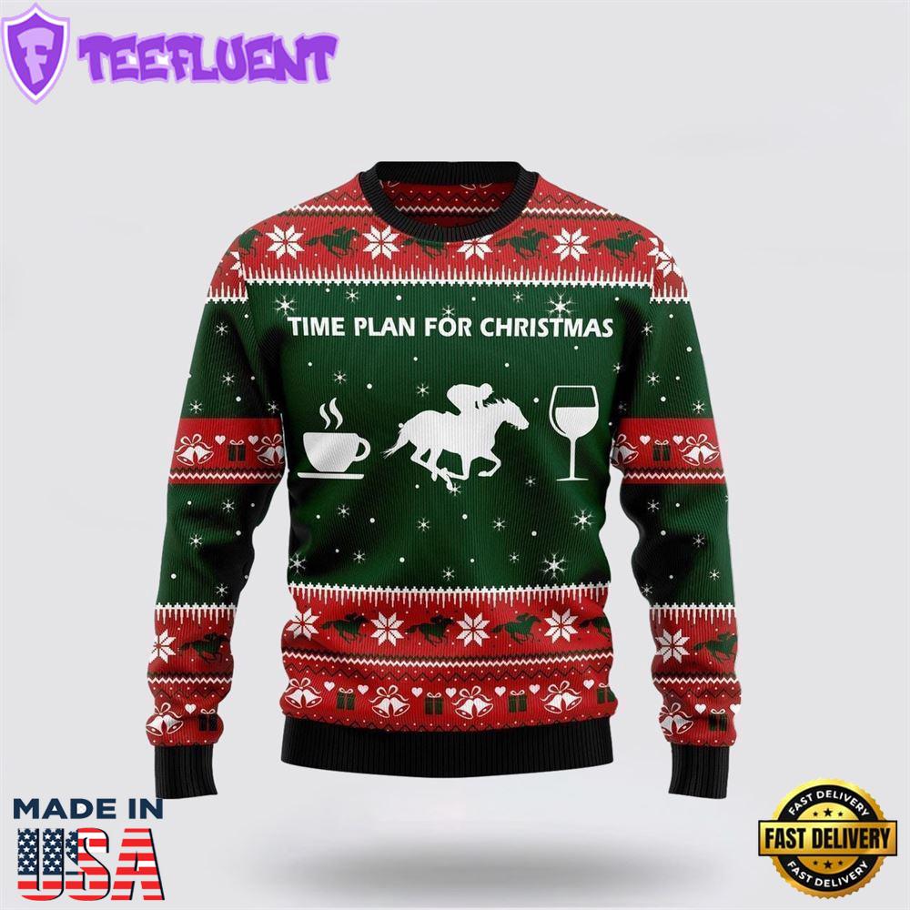 Horse Racing Wine Coffee Time Plan For Ugly Christmas Sweater