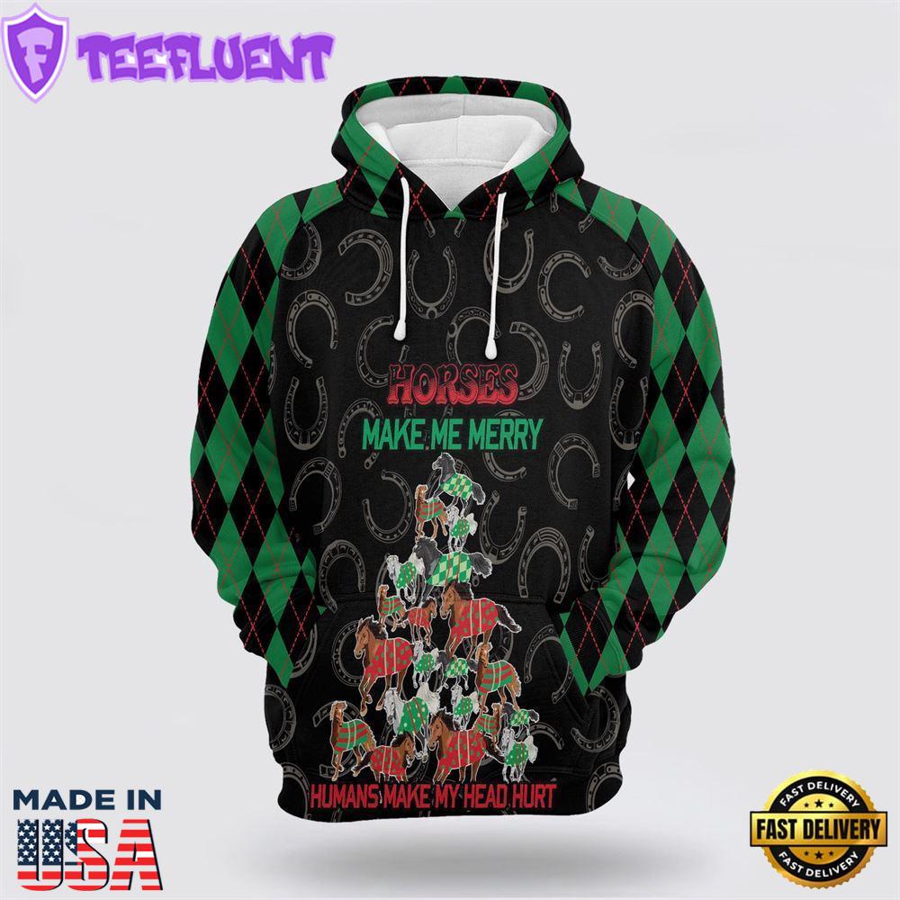 Horses Merry Christmas All Over Print 3D Hoodie