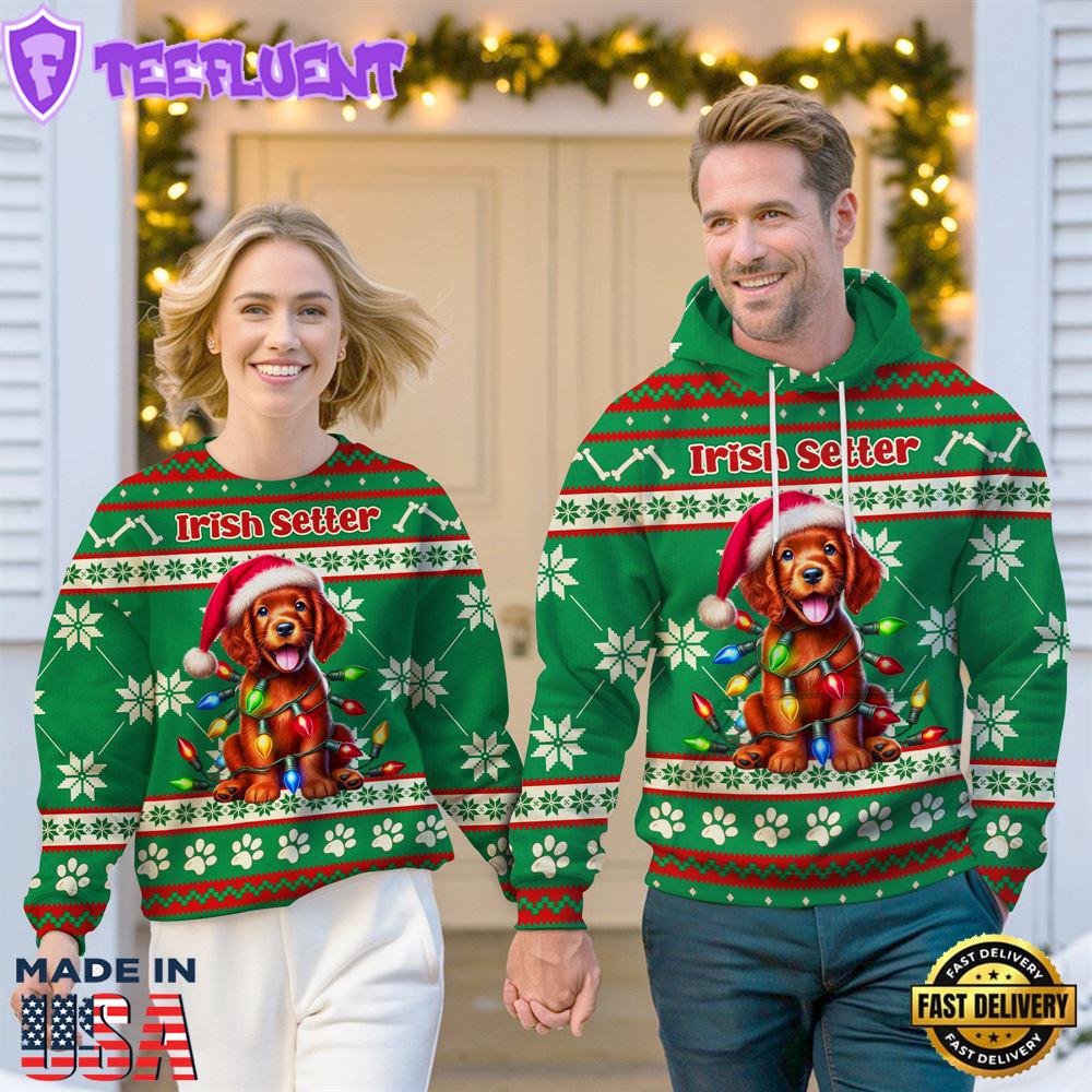 Irish Setter Dog Cheer with Santa Hat Christmas Sweatshirt And Hoodie Green