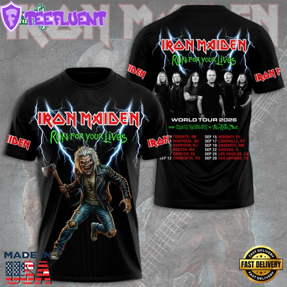 Iron Maiden “Run For Your Lives” World Tour 2026 3D Graphic Apparel