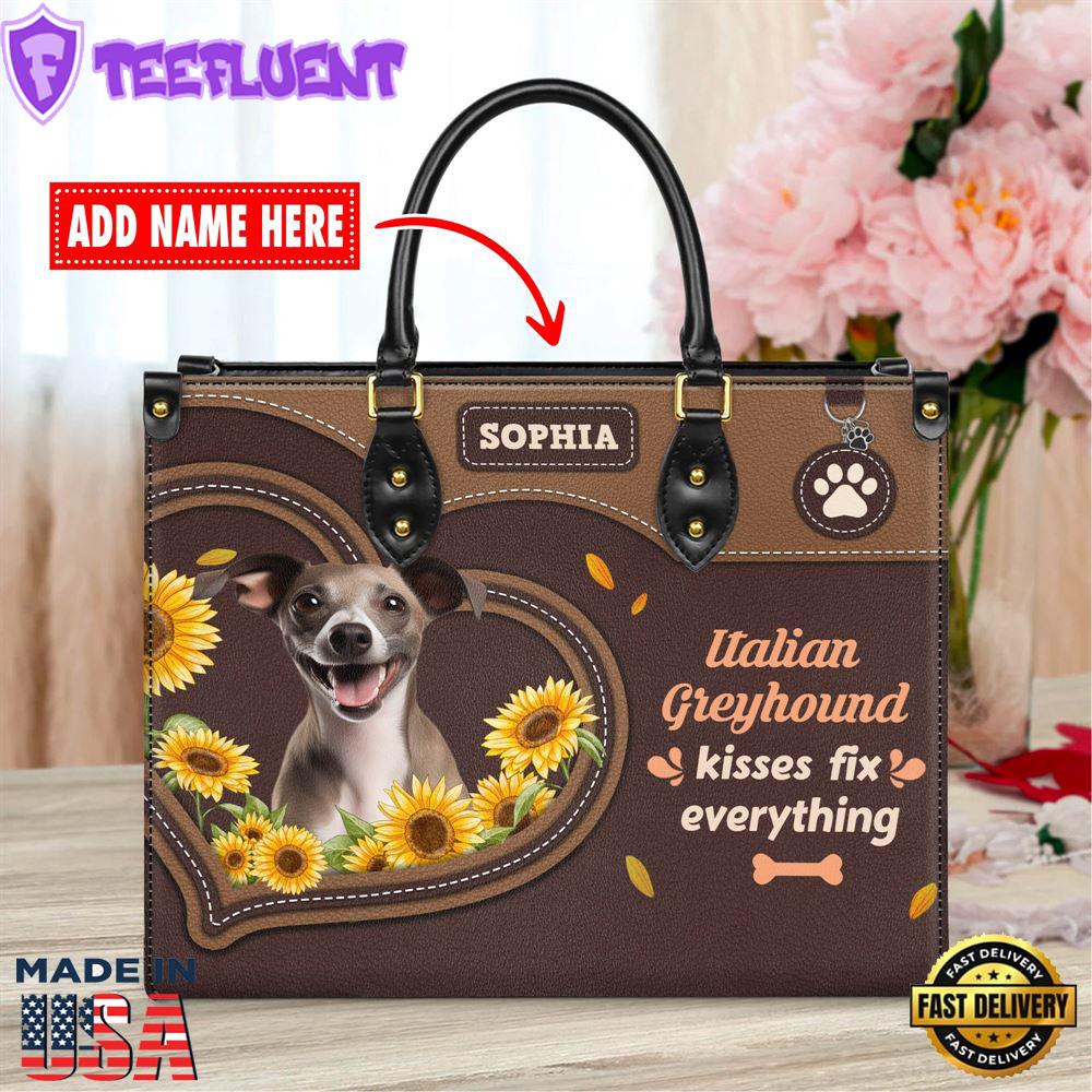 Italian Greyhound Dog Kisses Fix Everything Leather Handbag