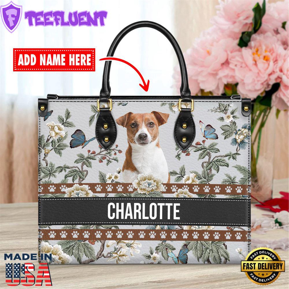 Jack Russell Terrier Dog Bior Leather Handbag With Flowers And Butterfly