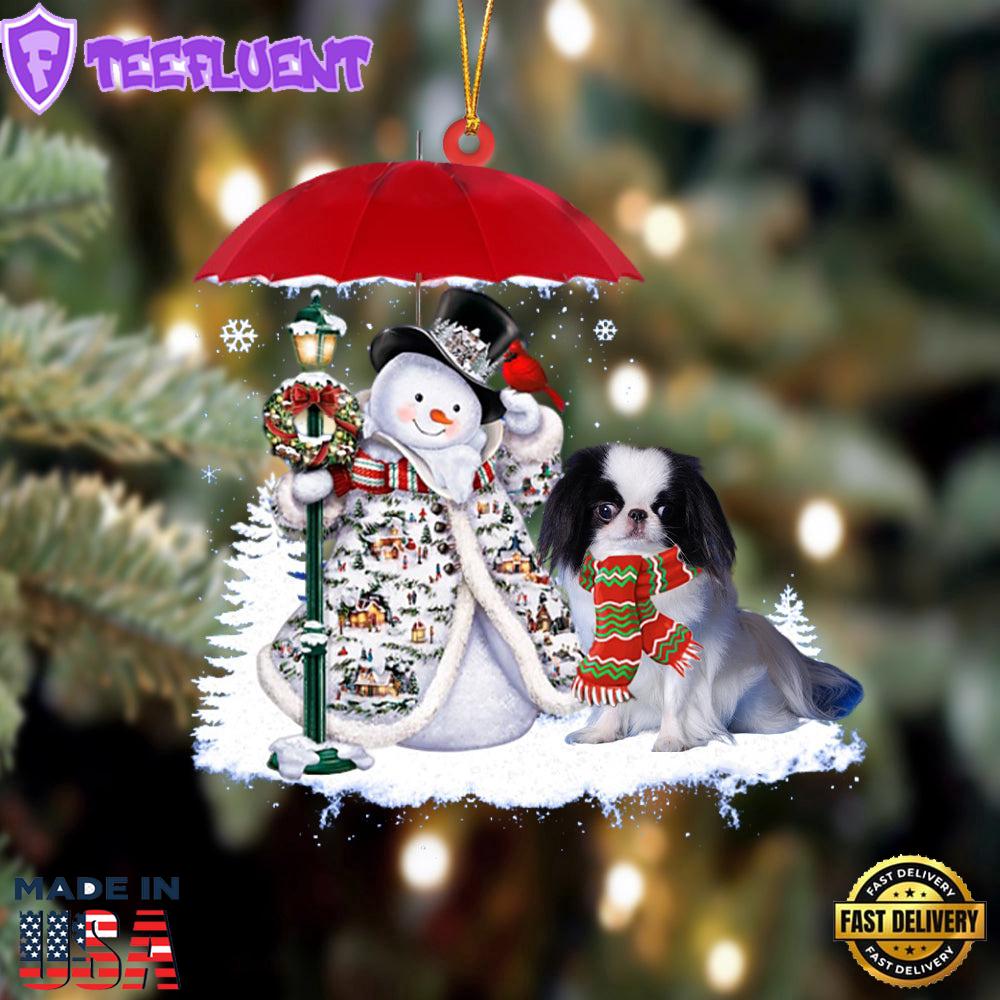 Japanese Chin With Snowman Christmas Ornament, Gift For Christmas