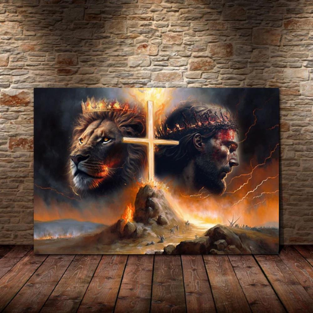 Jesus God And Lion Just Pray Vertical Canvas Poster Wall Art