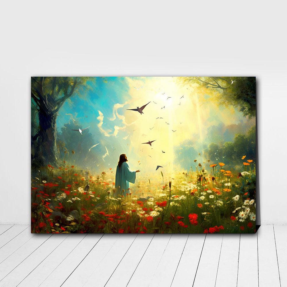 Jesus In The Forest At Sunset Canvas Poster Wall Art