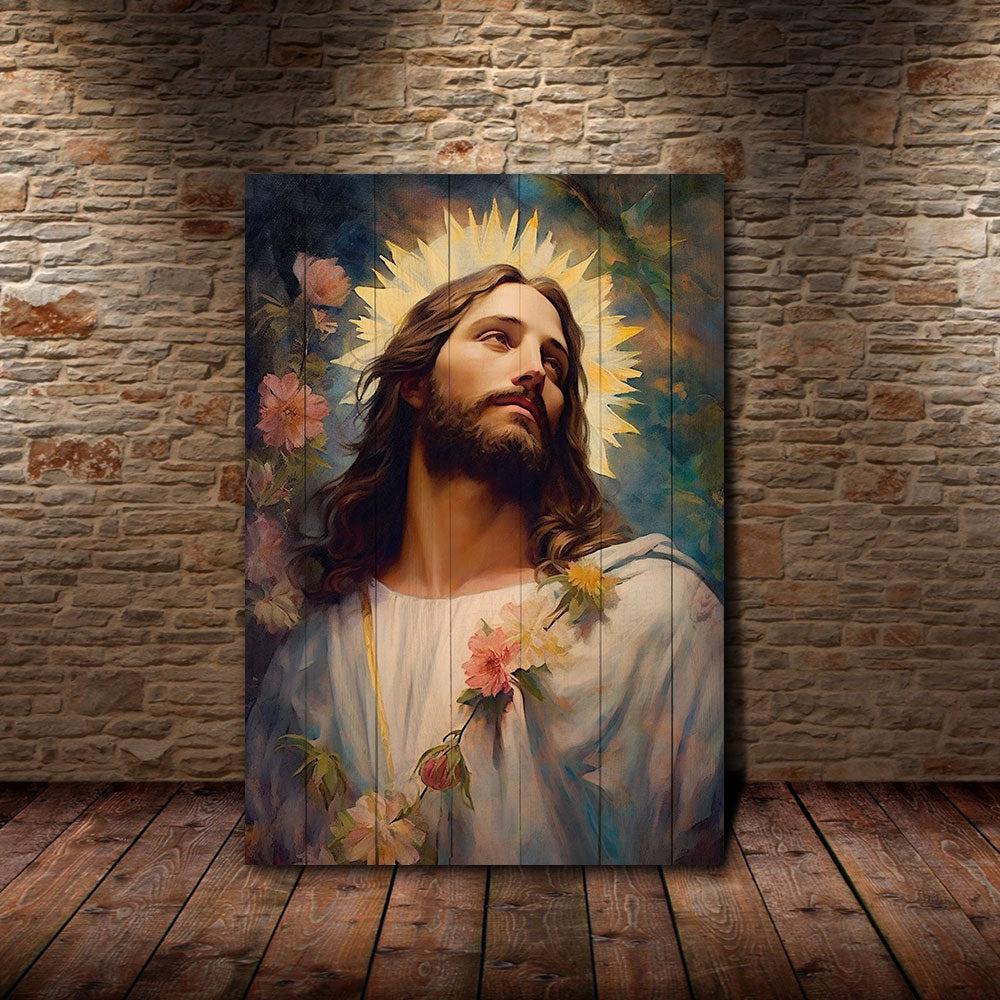Jesus Portrait With Flowers Canvas Poster Wall Art