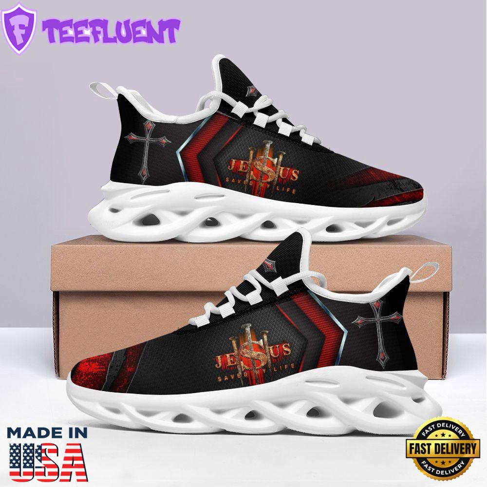 Jesus Saved My Life Running Sneakers Black Red Max Soul Shoes For Men And Women