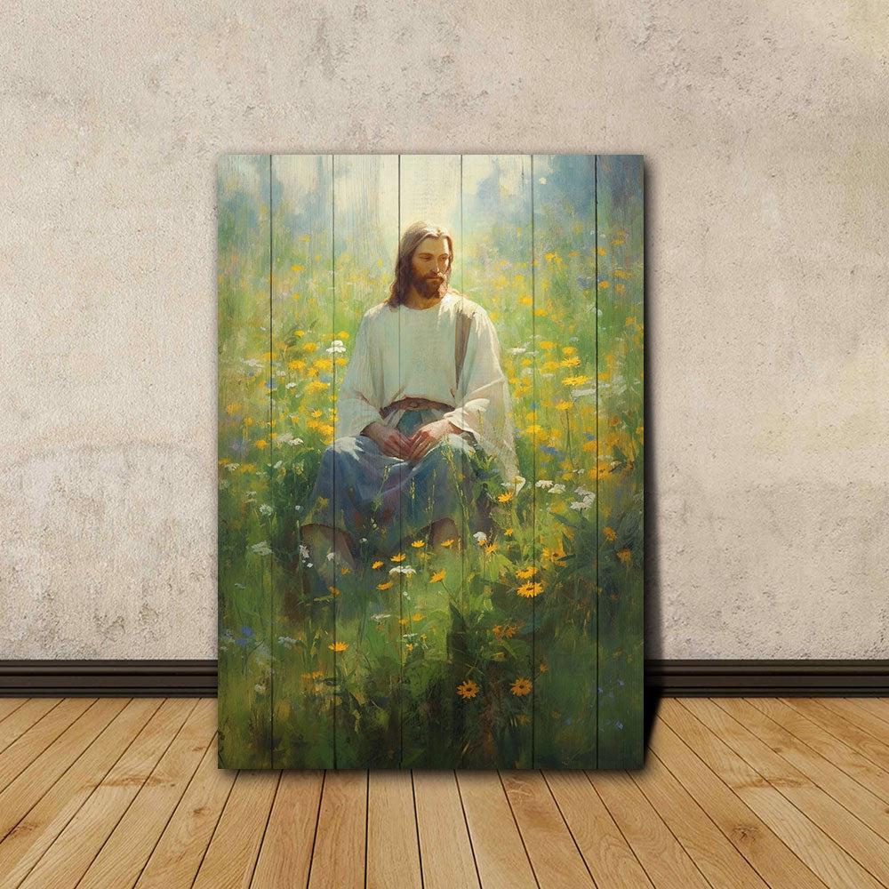Jesus Sitting In Flower Field Canvas Poster Wall Art