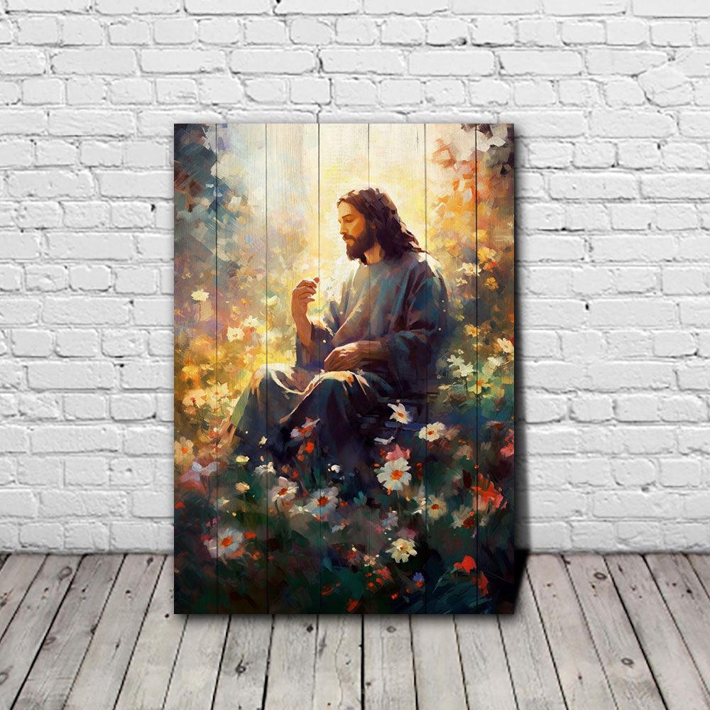 Jesus Sitting On Flower Garden Canvas Poster Wall Art