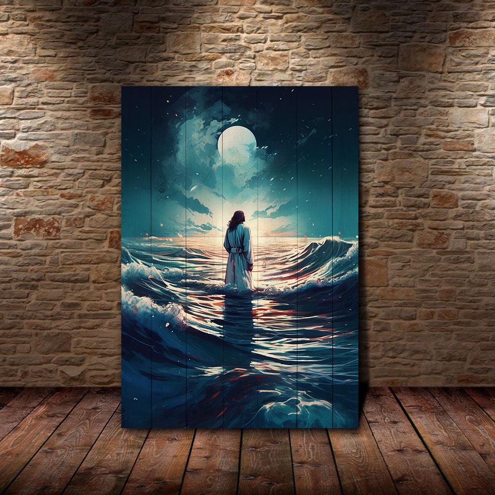 Jesus Standing in the Ocean Wearing White Suit Canvas Poster Wall Art