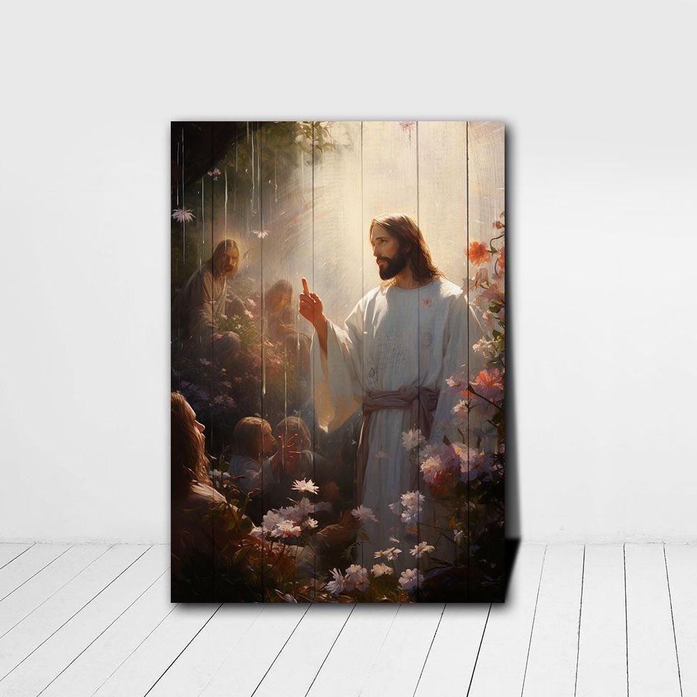 Jesus Standing In The Rain In The Sunset In The Flower Garden Canvas Poster Wall Art