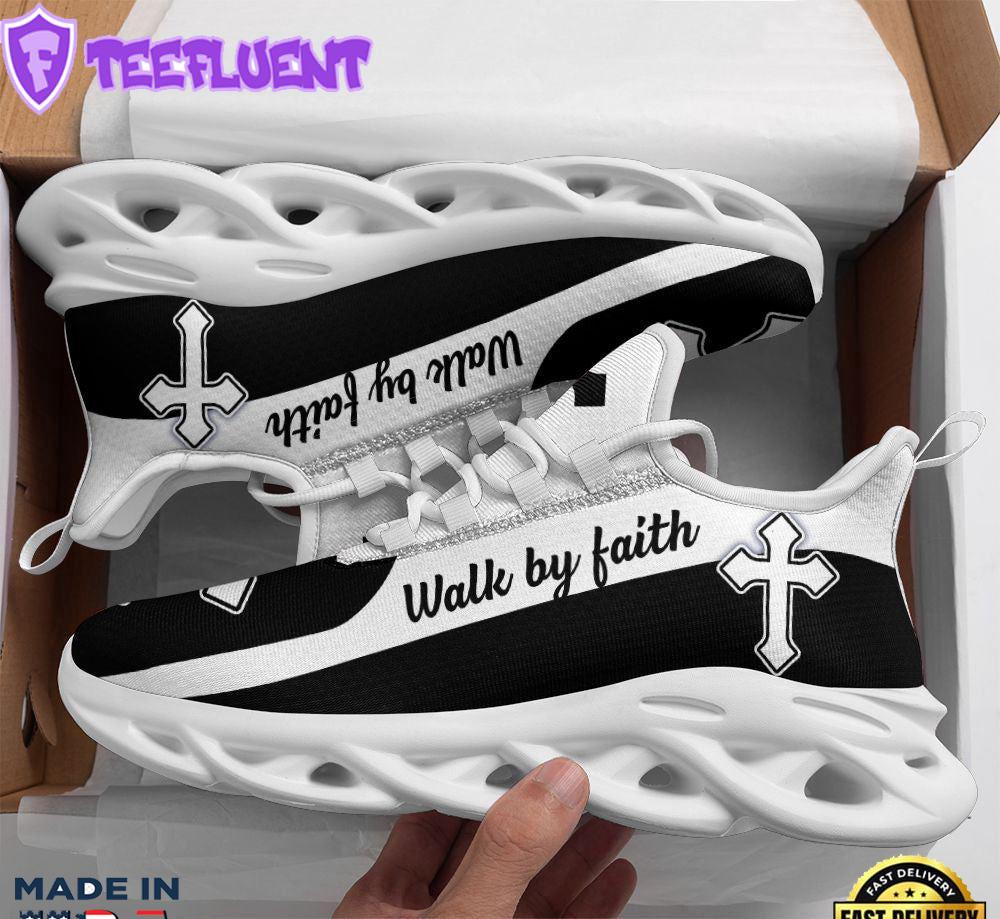 Jesus Walk By Faith Running Sneakers Black White Art Max Soul Shoes For Men And Women