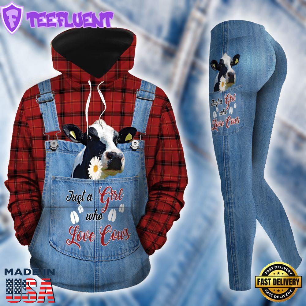 Just A Girl Who Love Cows All Over Print Leggings Hoodie Set Outfit For Women Gift Xmas