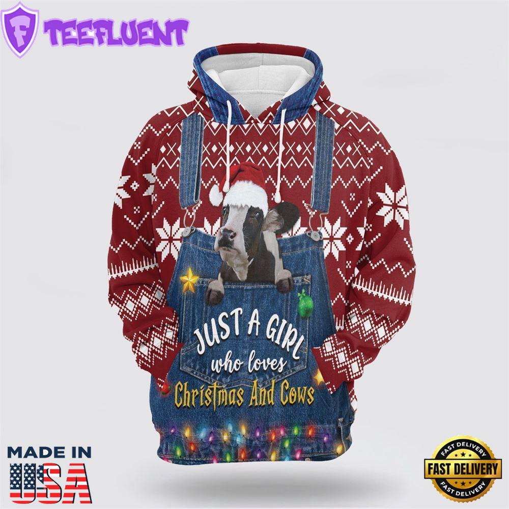 Just A Girl Who Loves Christmas And Cows All Over Print 3D Hoodie