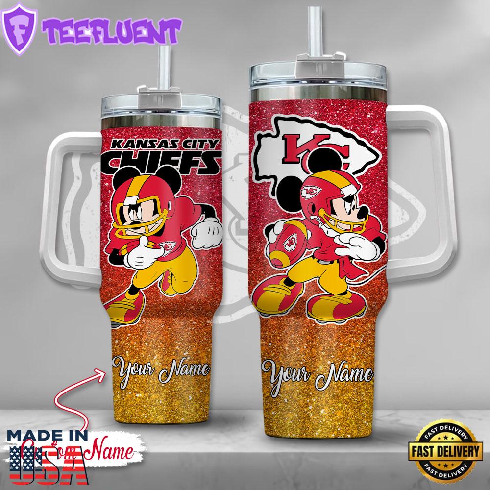 Kansas City Chiefs NFL Mickey Mouse Glitter Custom Stanley Quencher 40oz Stainless Steel Tumbler With Handle